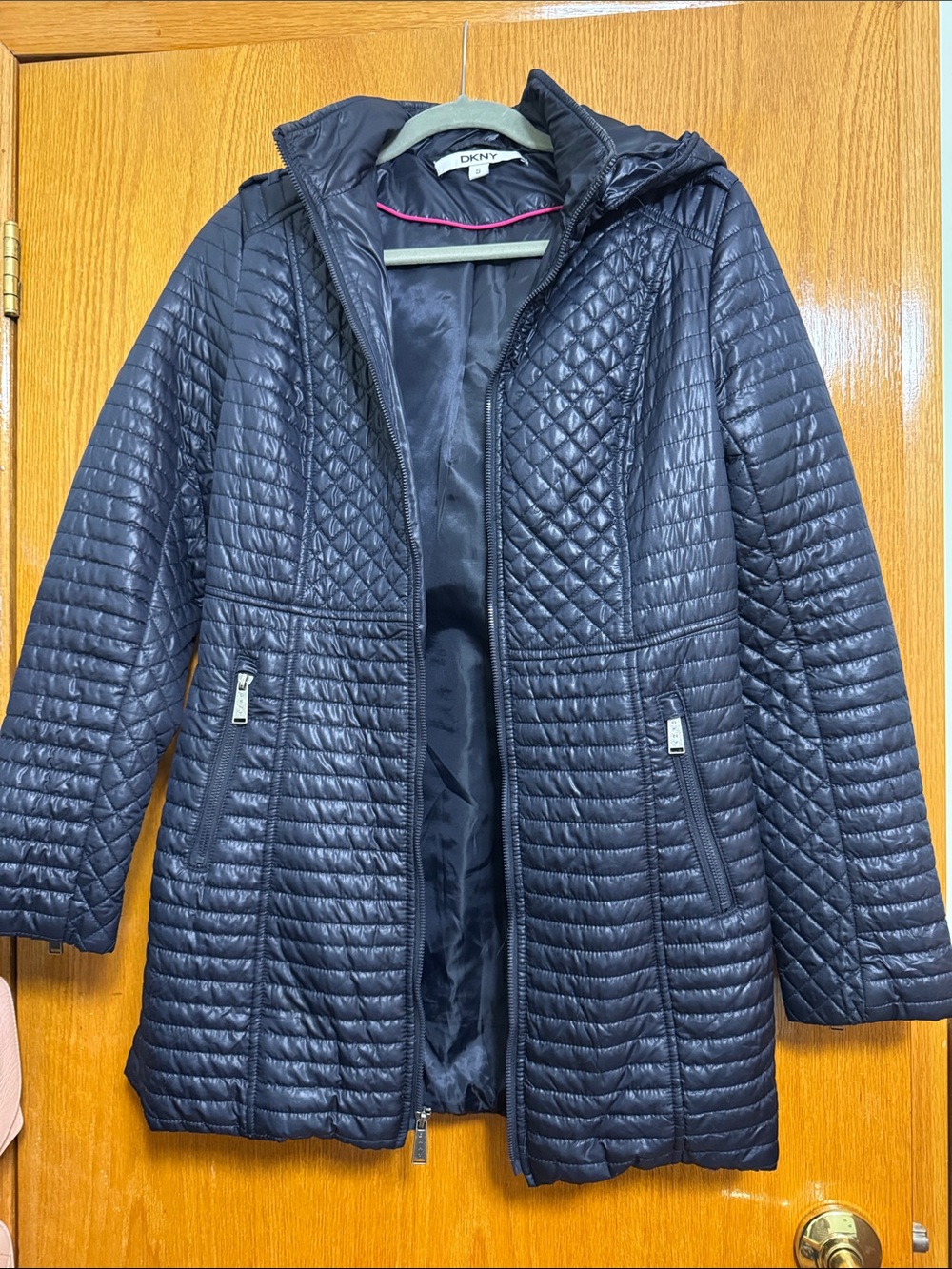 DKNY Quilted Mid Length, Detachable Hooded Puffer Coat in Dark Blue